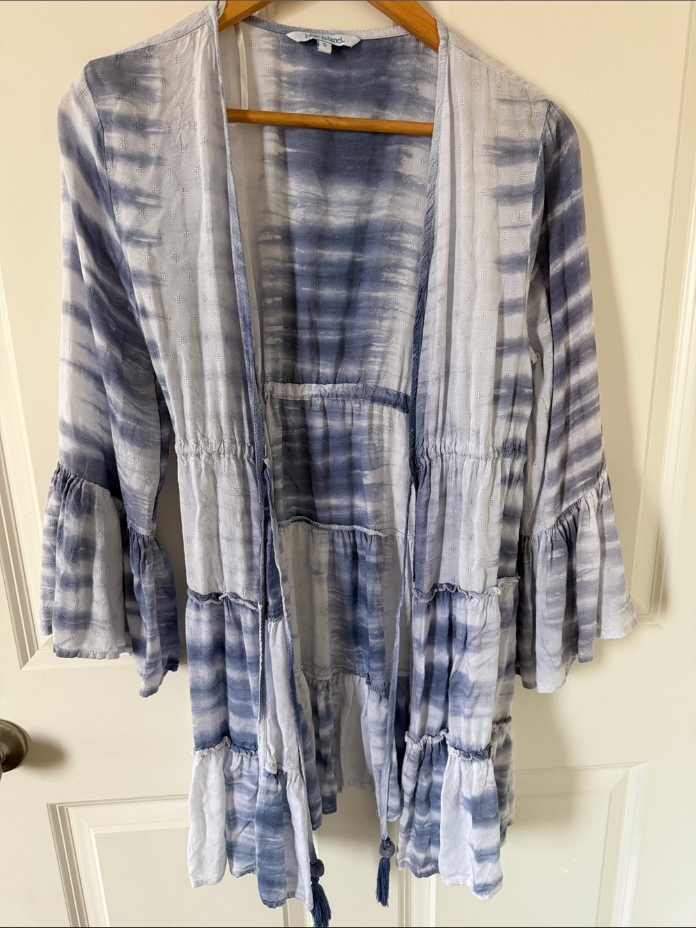 blue island Navy and White Tie-Dye Ruffle Kimono Coverup